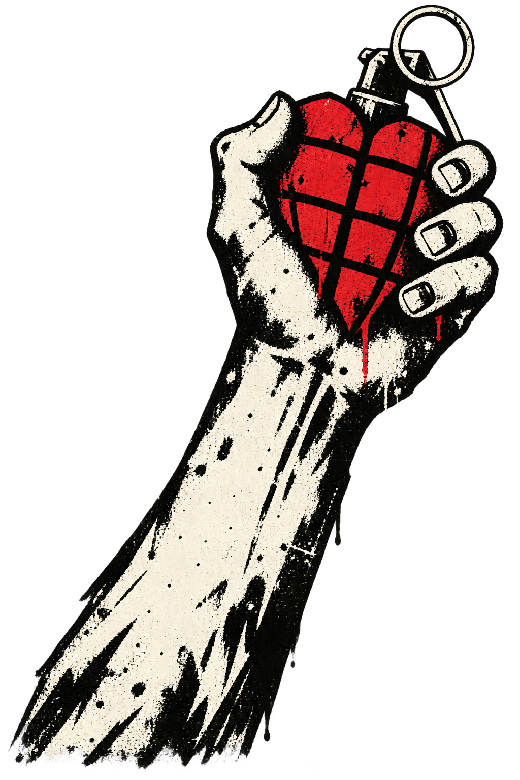 A raised hand gripping a red heart-shaped grenade, in a worn punk stencil print.